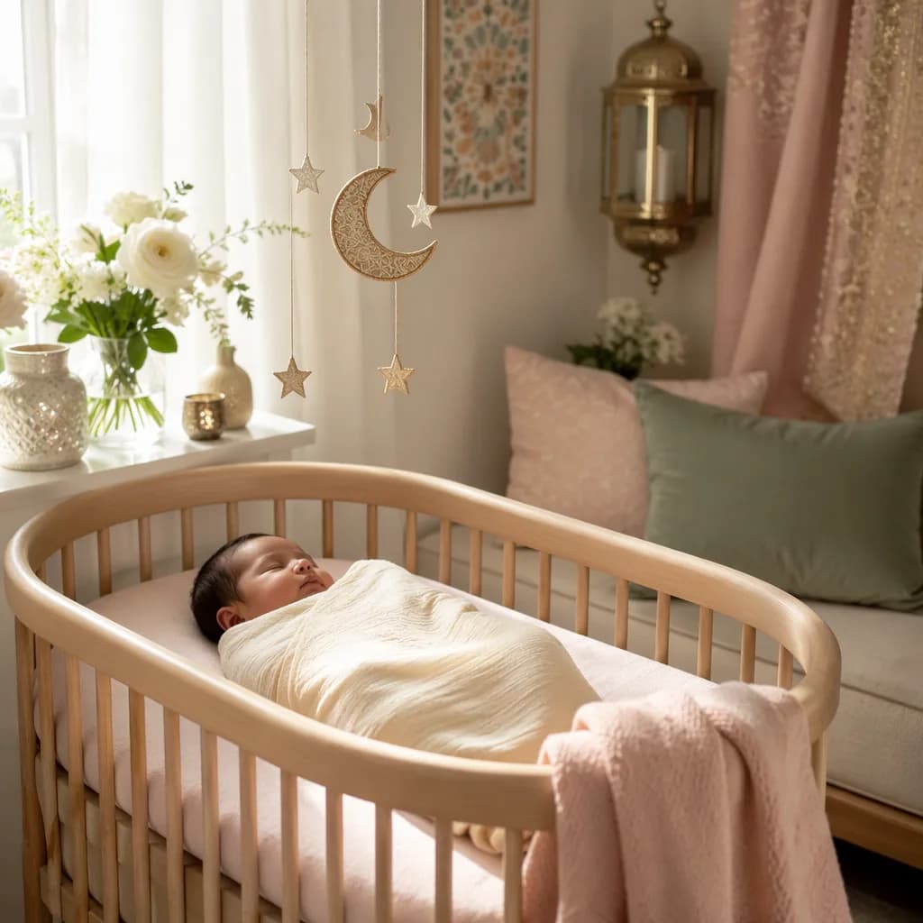 A peacefully sleeping swaddled baby in a softly lit pastel nursery with subtle Urdu-inspired decor.