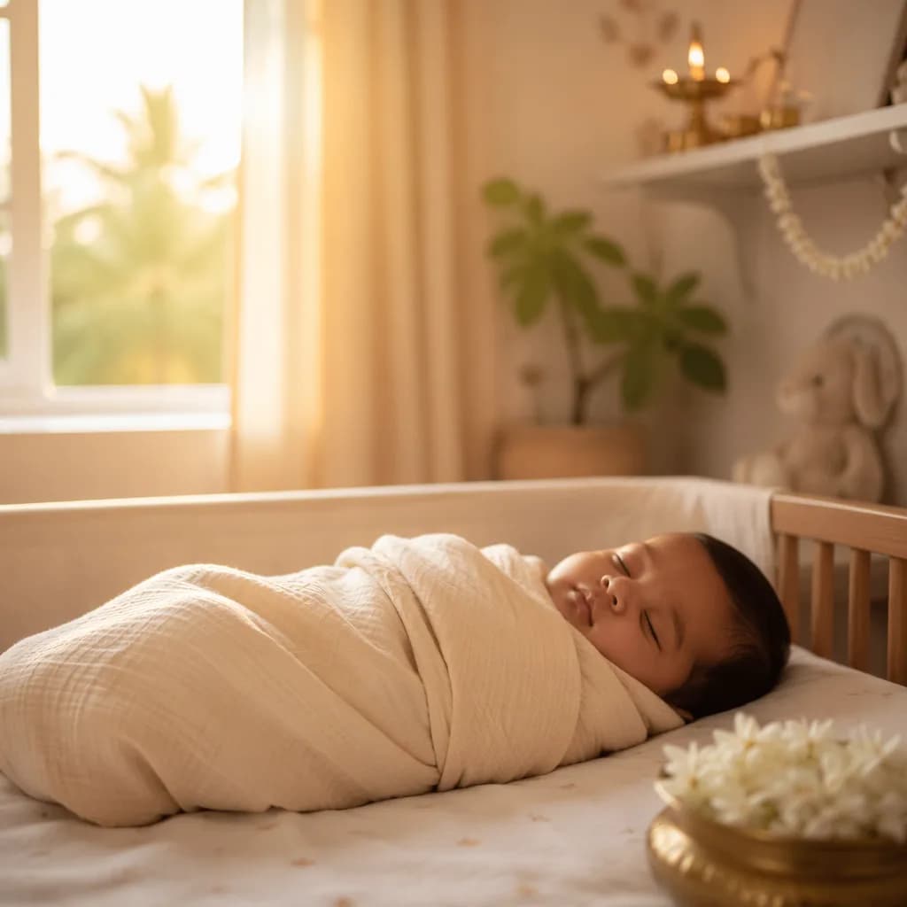 A sleeping baby in a warm pastel Tamil-inspired nursery with soft morning light.