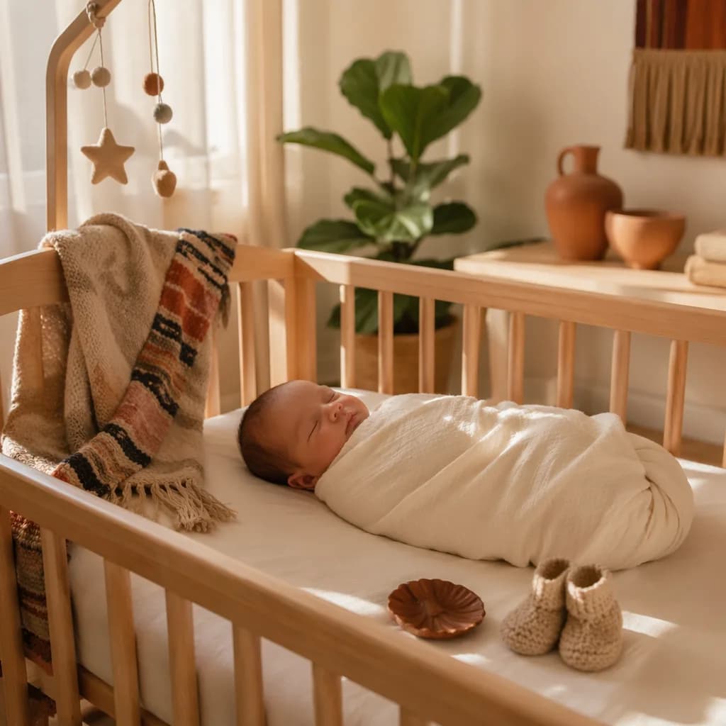 Sleeping newborn in a warm pastel nursery with soft Latin-inspired details.