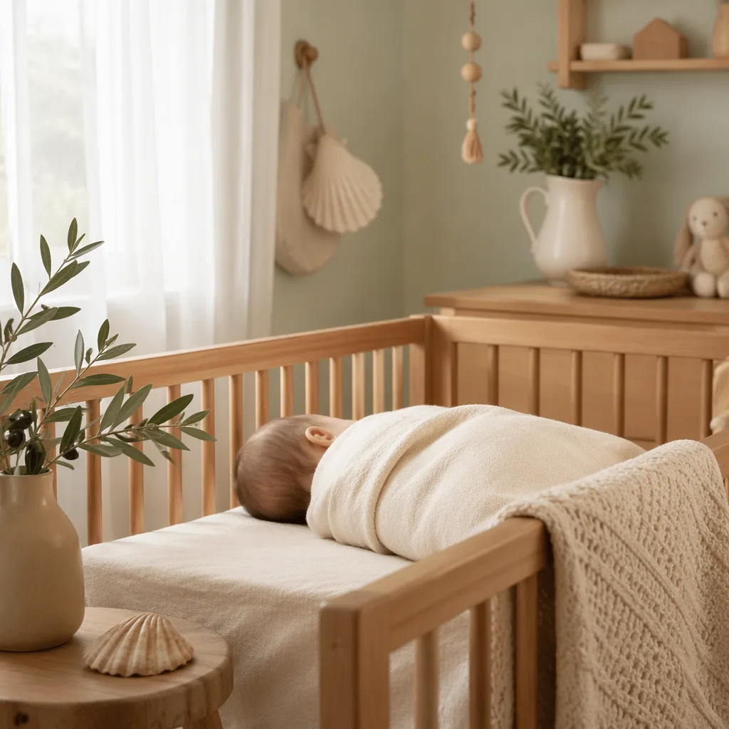 Soft pastel Portuguese nursery with a sleeping baby, olive branches, and gentle natural light.