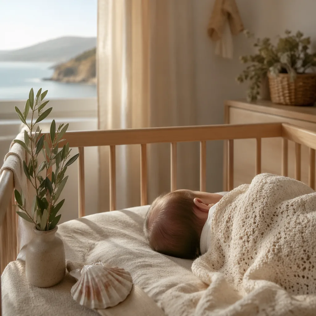 Sleeping baby in a soft Portuguese-inspired nursery with a shell and laurel sprig.