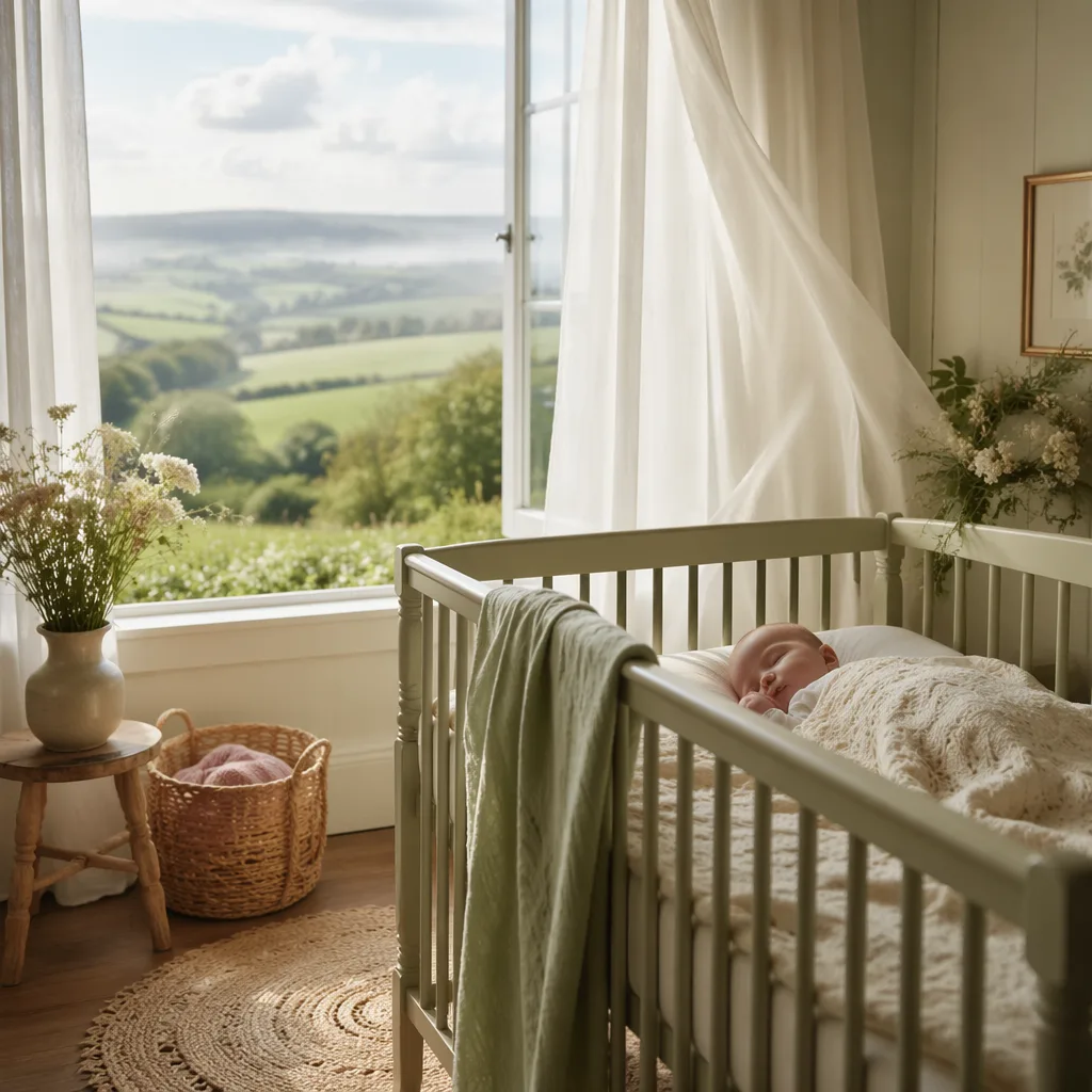 A peaceful Irish-inspired nursery with a sleeping baby, soft pastels, wildflowers, and gentle natural light.