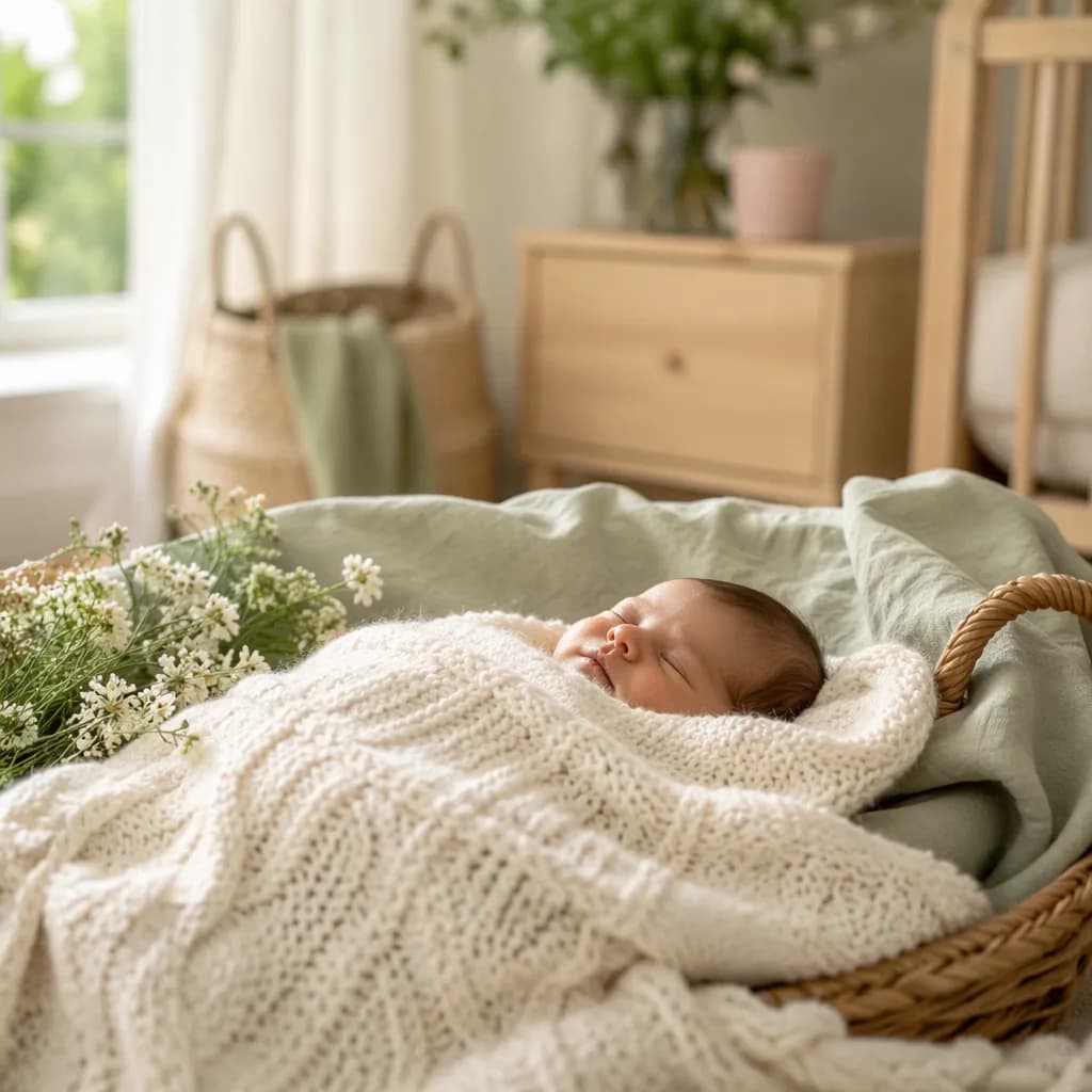 Non-identifiable newborn in a soft Irish-inspired nursery with sage linens and wildflowers.
