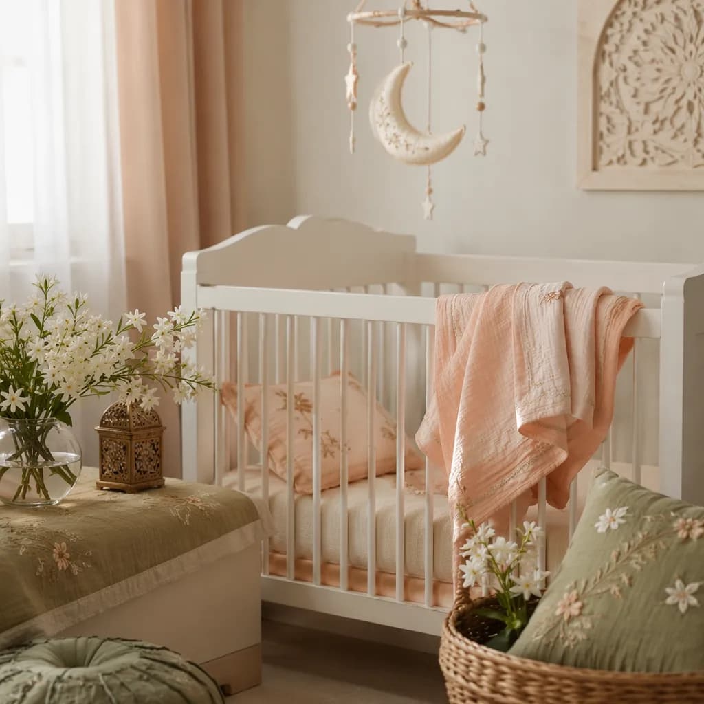 Soft pastel Urdu-inspired nursery with jasmine flowers and crescent mobile.