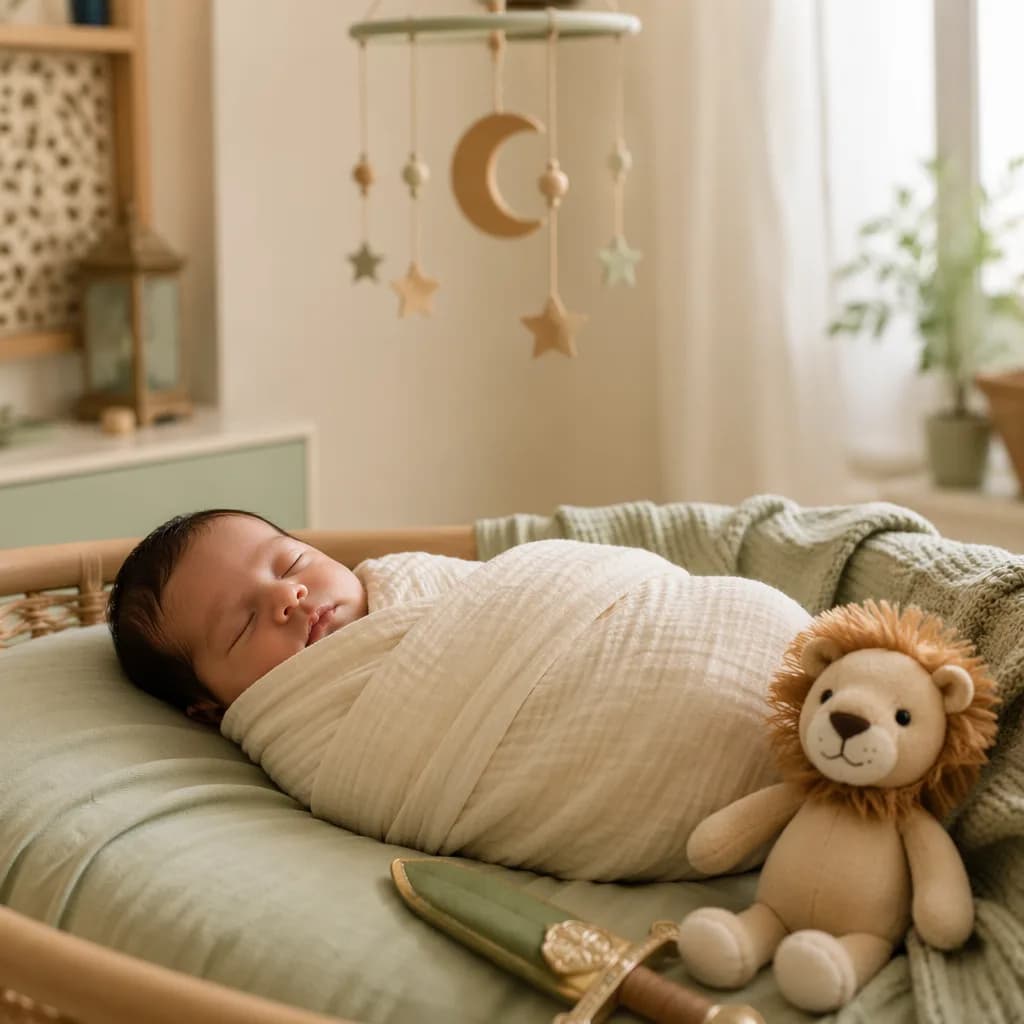 Peaceful newborn in a soft pastel nursery with crescent mobile and plush lion.