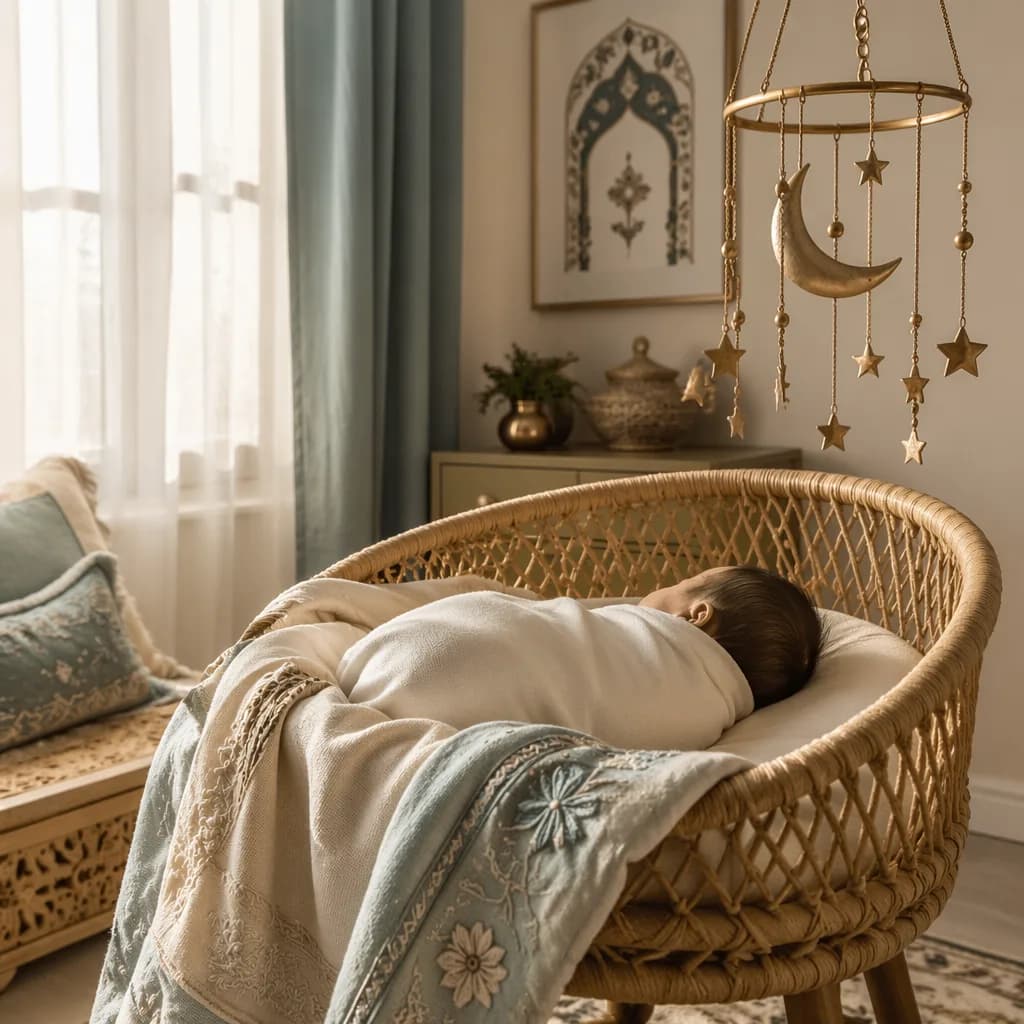 Sleeping newborn in a soft pastel nursery with gentle South Asian-inspired decor.