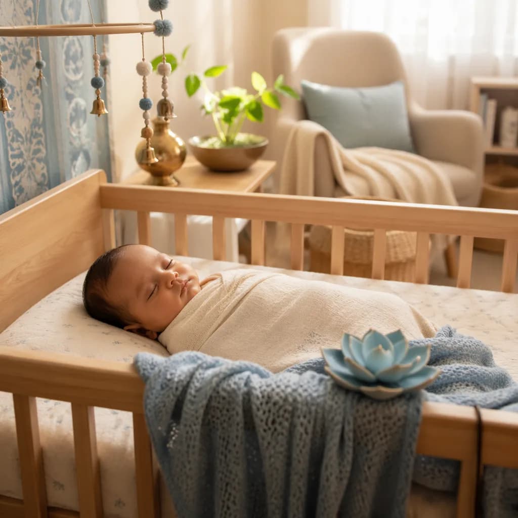 A serene nursery with a sleeping baby, soft blue accents, and gentle natural light.