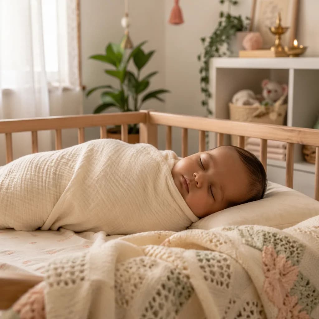 A peaceful swaddled baby in a warm pastel nursery with subtle Indian-inspired decor.