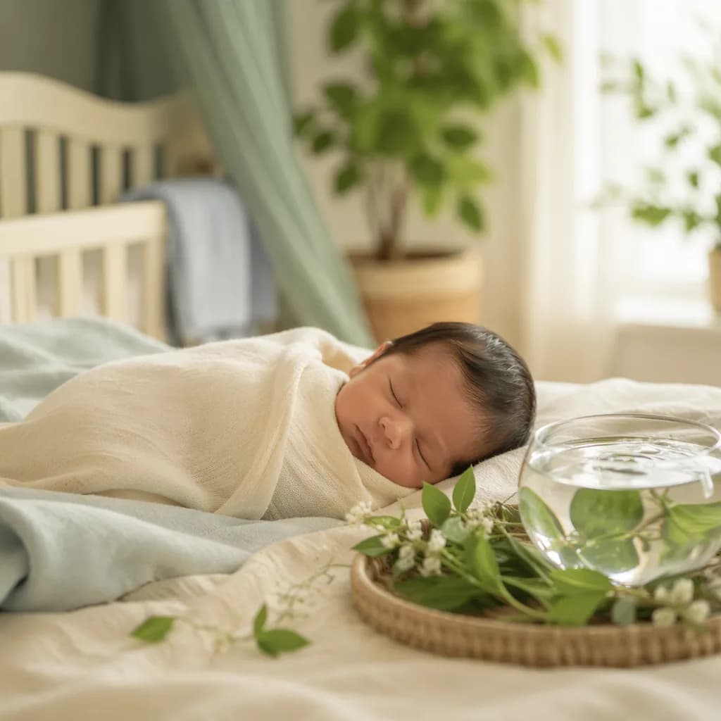 Peaceful newborn in a soft pastel nursery with fresh greenery accents.