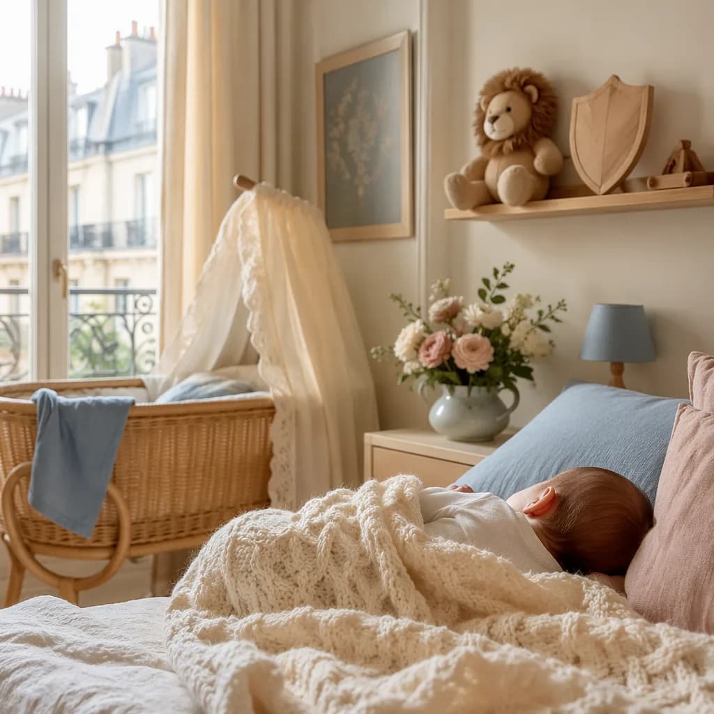 Sleeping baby in a soft pastel French-inspired nursery with cozy blankets and gentle natural light.