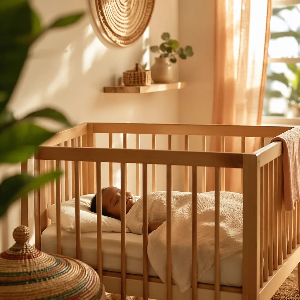 Sleeping baby in a softly lit pastel nursery with woven accents.