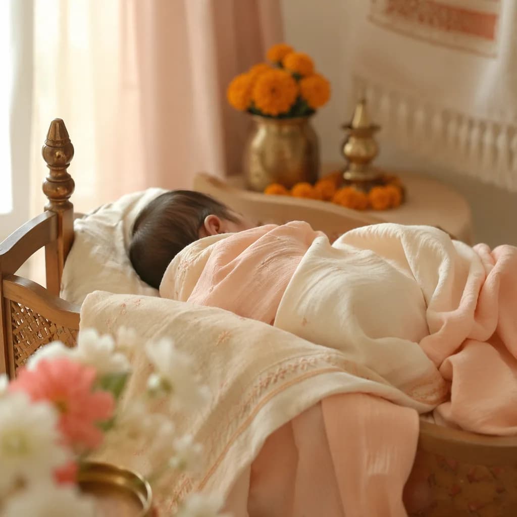 A peaceful baby girl in a soft pastel nursery with gentle Indian-inspired decor.