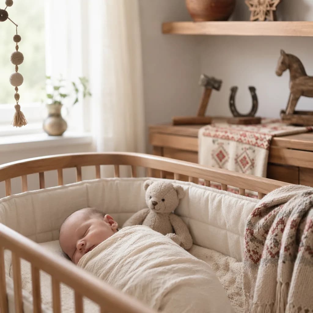 Sleeping newborn in a cozy pastel nursery with Russian-inspired details.