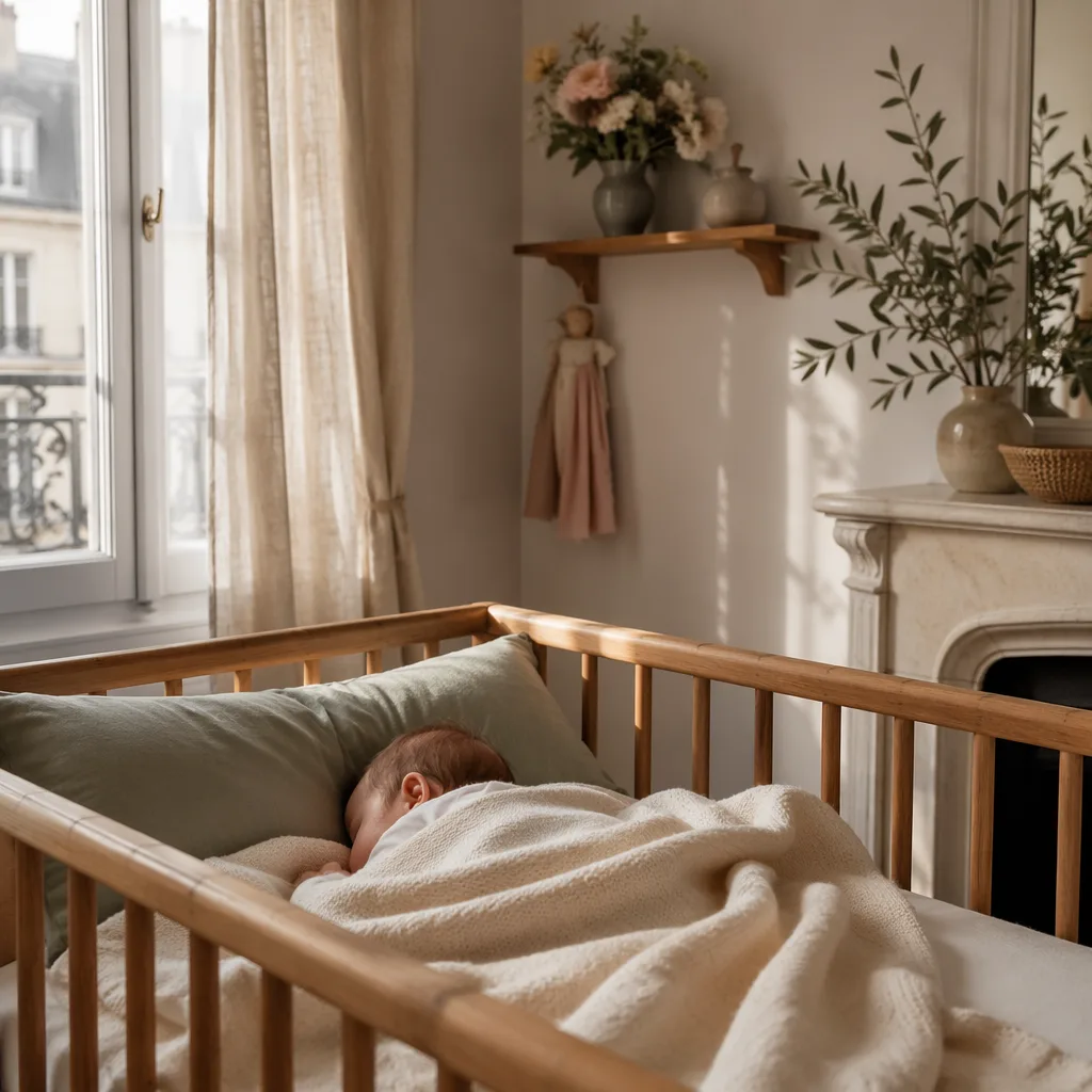 Soft pastel French nursery with a peacefully sleeping baby and natural accents.