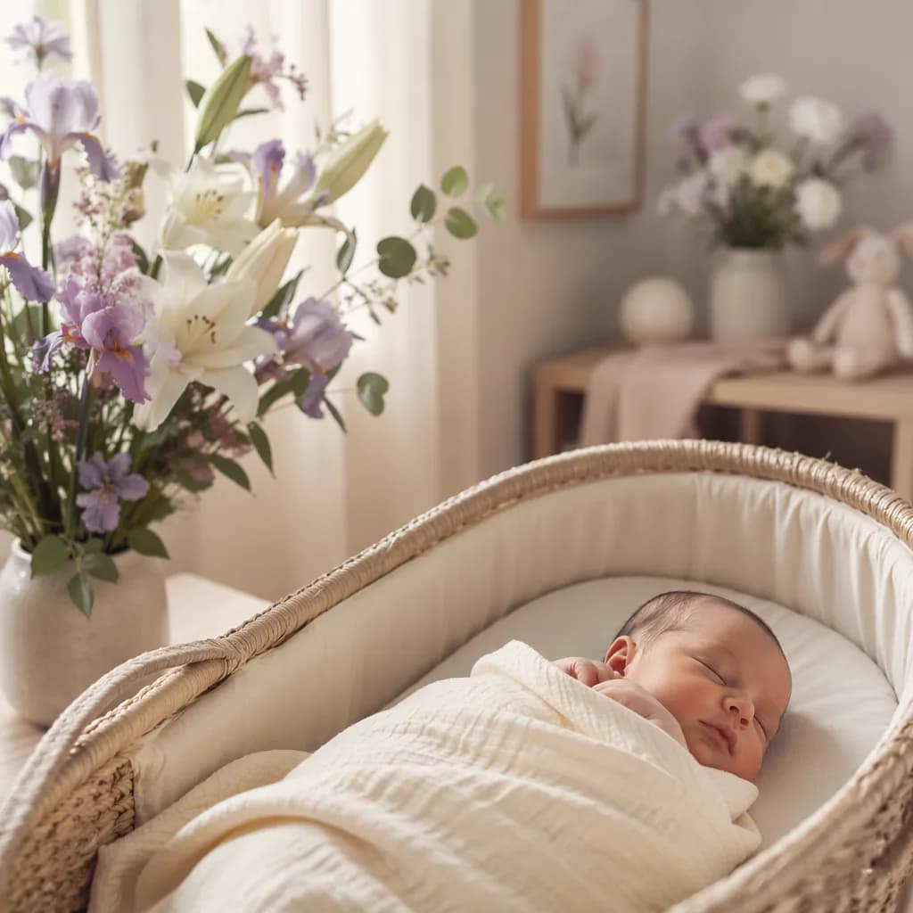 Sleeping baby in a soft pastel nursery with delicate lily and iris flowers.