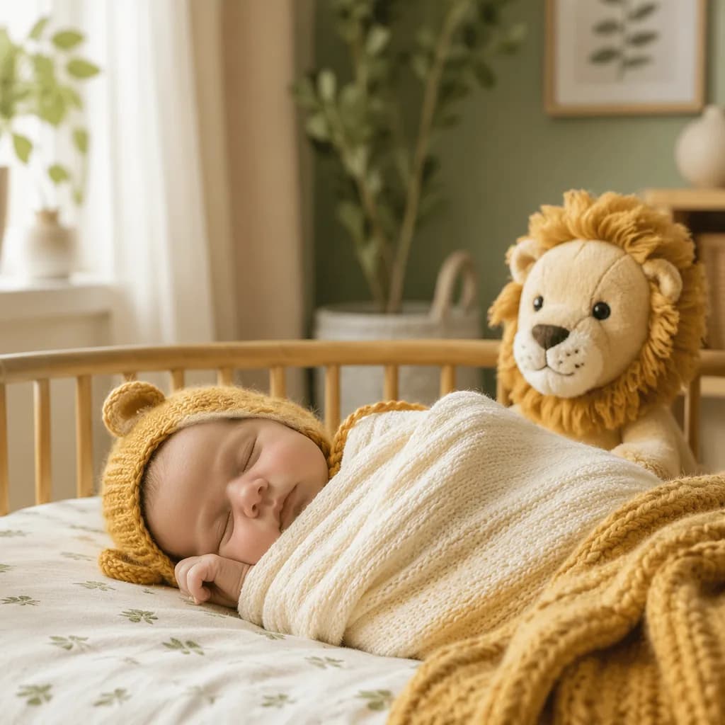 Sleeping baby in a soft pastel nursery with a plush lion toy.