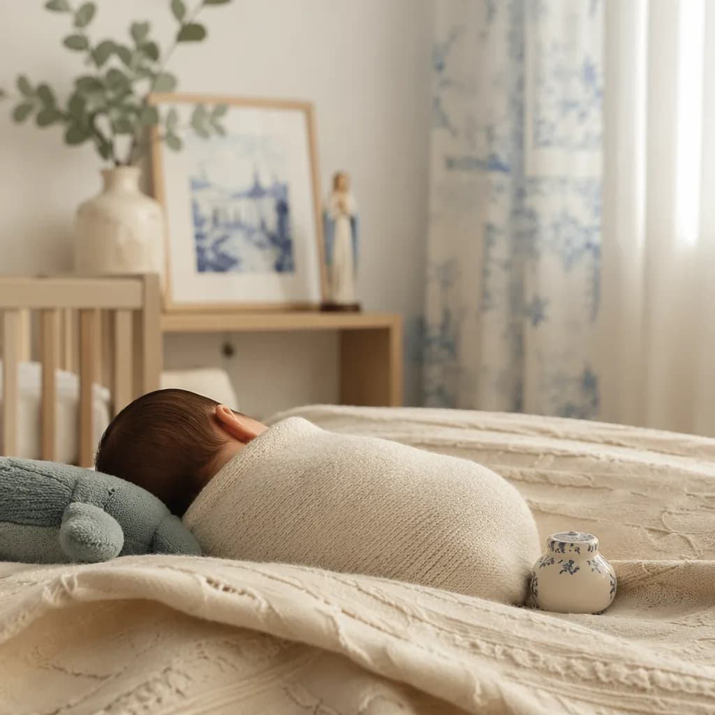 Peaceful swaddled baby in a warm pastel Portuguese-inspired nursery.