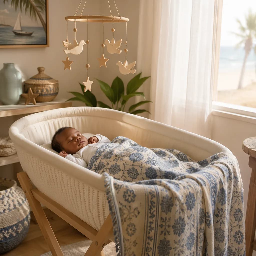 Sleeping baby in a warm pastel Swahili-inspired nursery with peaceful dove mobile.