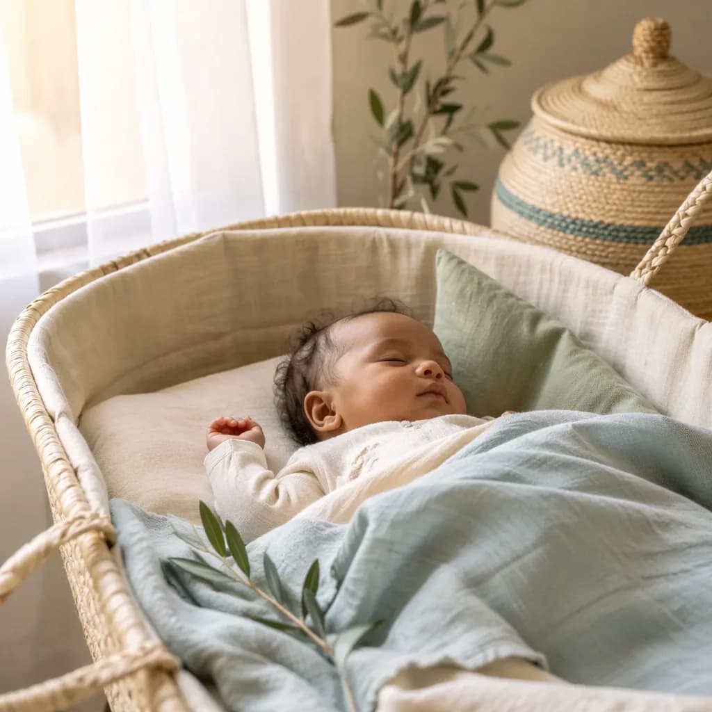 Peaceful sleeping baby in a soft pastel nursery with woven coastal-inspired decor.