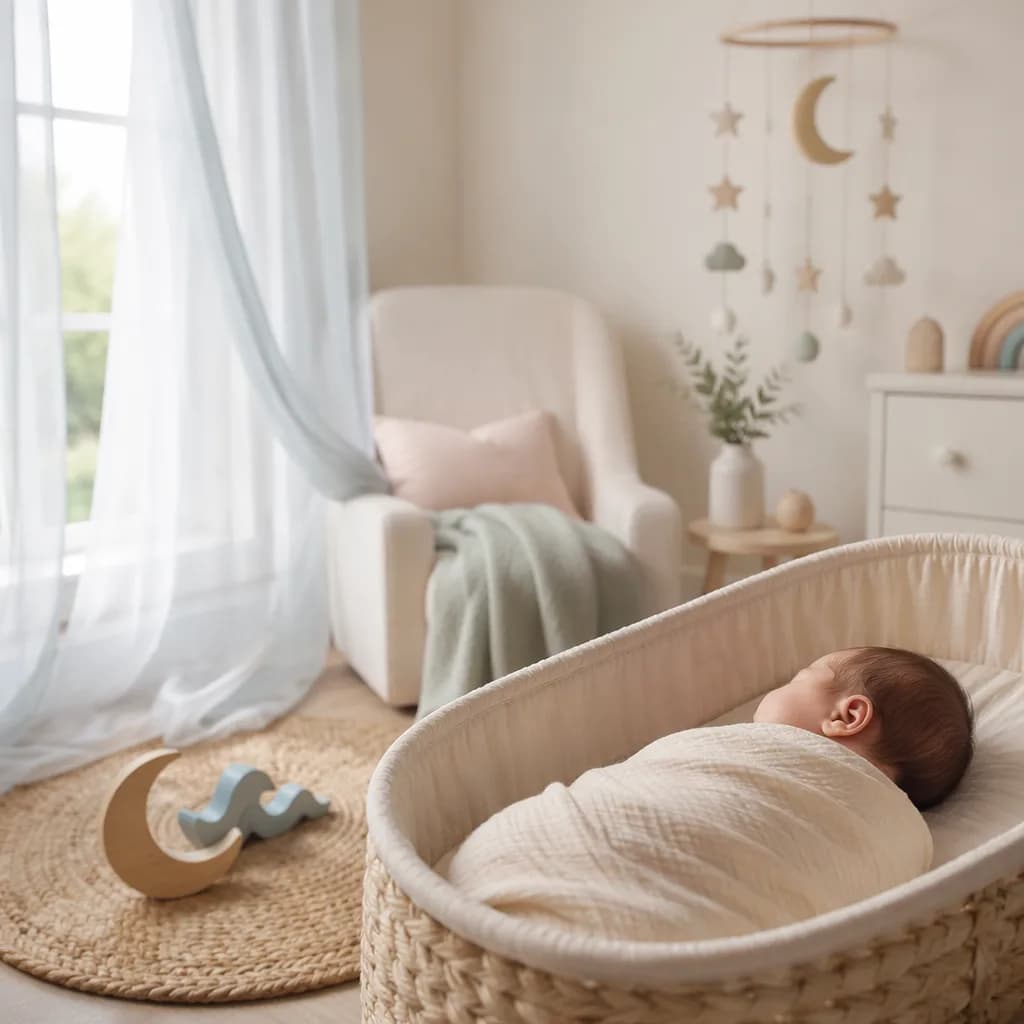 A softly lit Turkish-inspired nursery with a sleeping baby, crescent moon mobile, and gentle pastel accents.