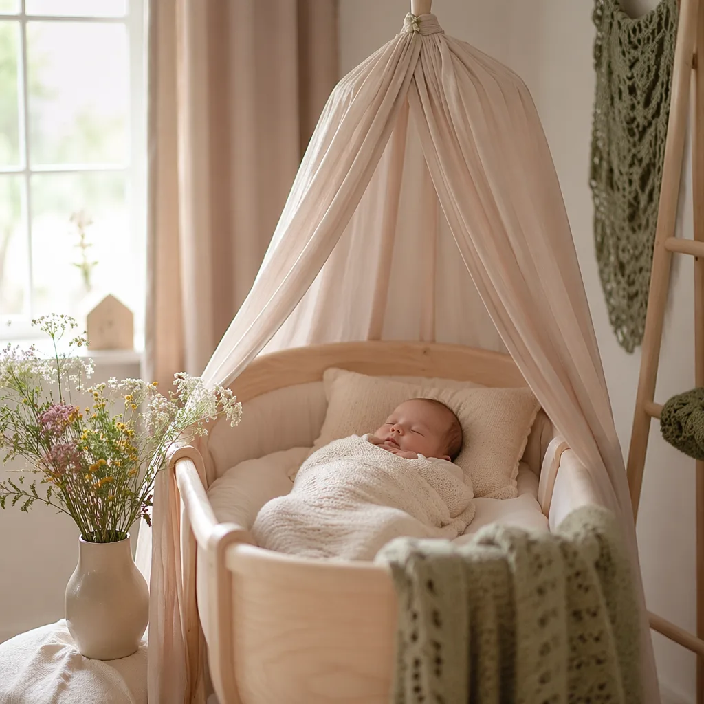 Sleeping baby in a cozy Scandinavian nursery with soft pastel decor and natural light.