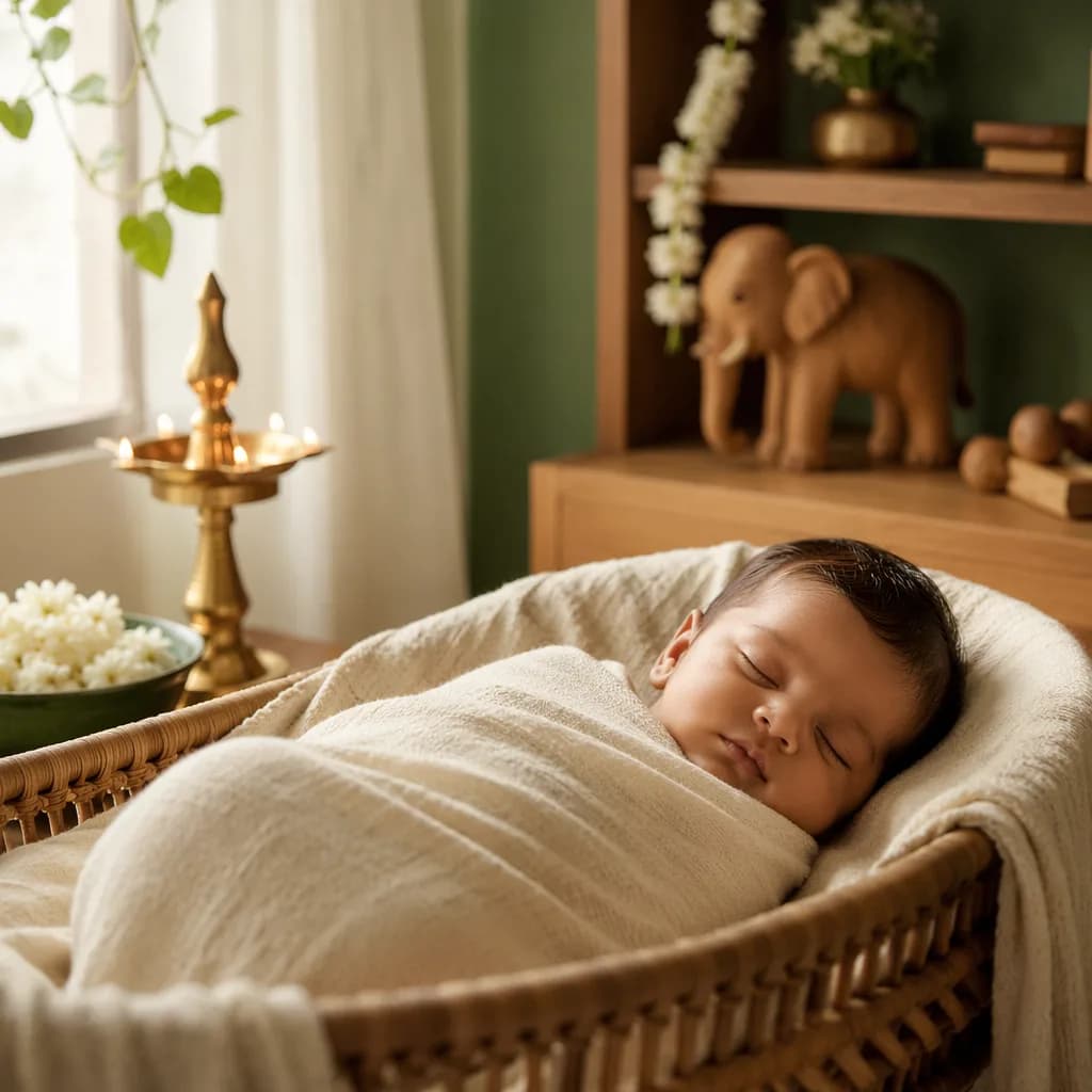 A serene Tamil-inspired nursery with a softly swaddled sleeping baby and gentle heritage details.