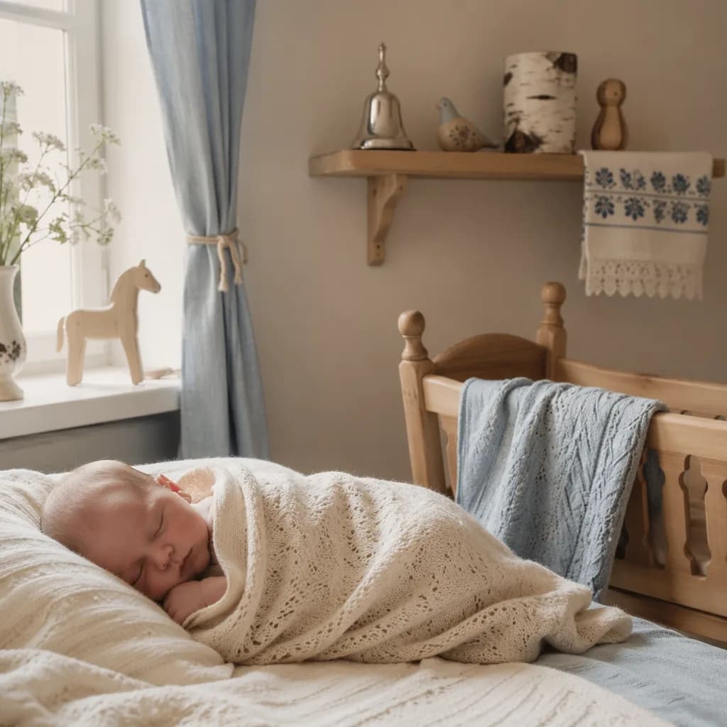 A peaceful baby in a cozy pastel nursery with soft Russian-inspired details.