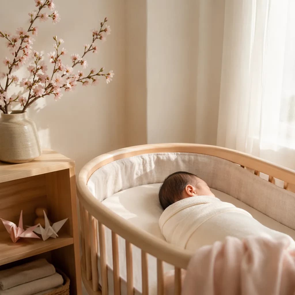 Sleeping newborn in a soft Japanese-inspired nursery with cherry blossoms and warm natural light.