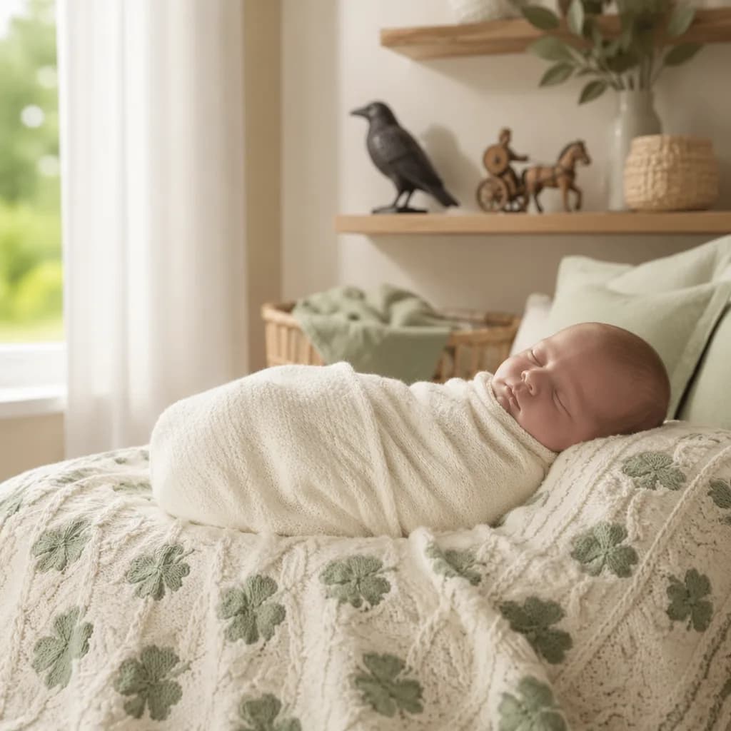 Peaceful baby in a soft Irish-inspired nursery with symbolic wooden toys.