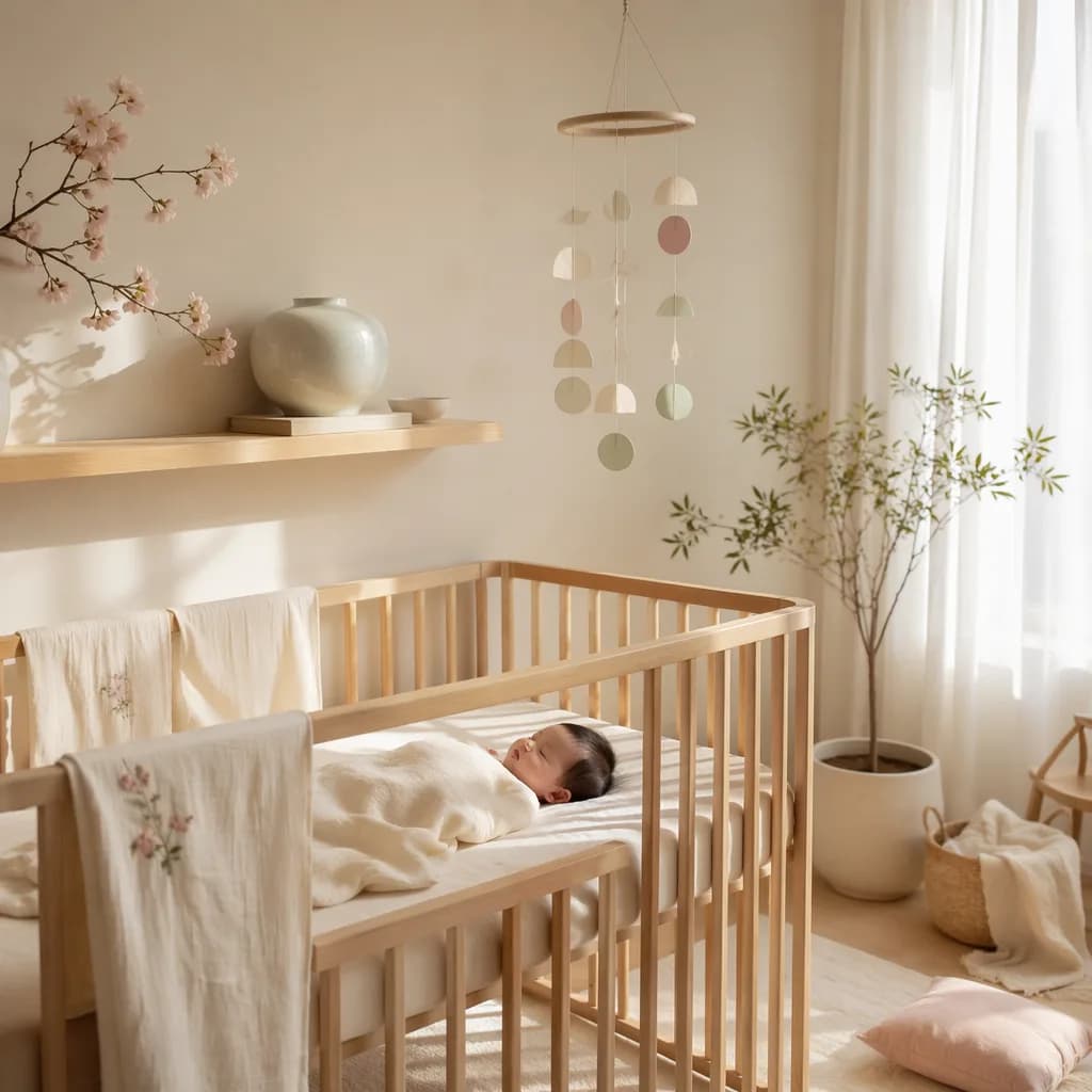 Peaceful Korean-inspired nursery with a resting baby in soft natural light.