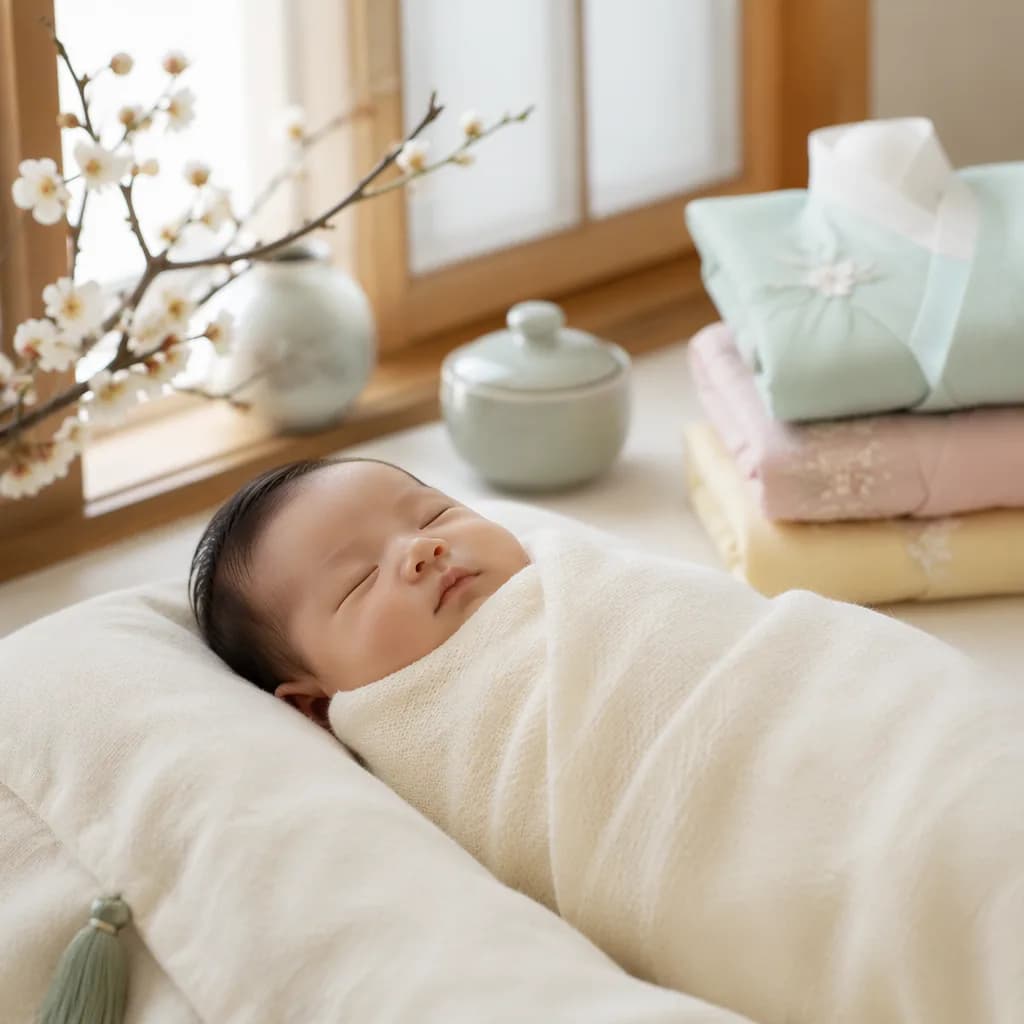 Sleeping Korean newborn in a soft pastel nursery with celadon and floral details.