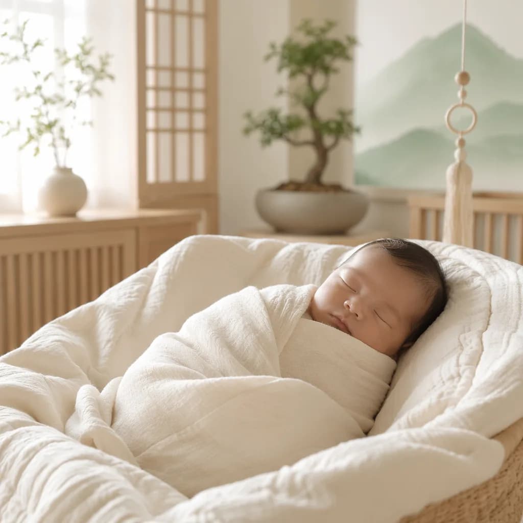 Sleeping baby in a soft pastel Korean-inspired nursery with gentle morning light.