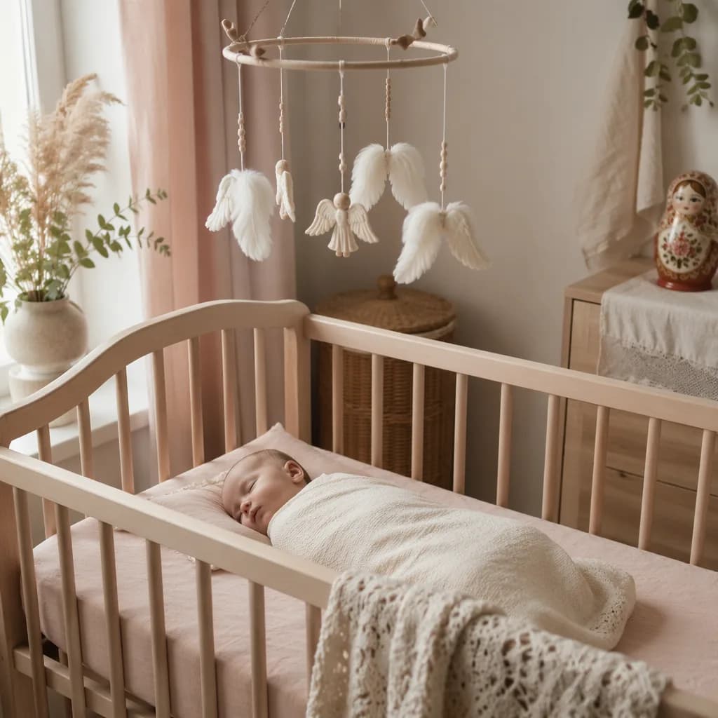 Sleeping baby in a soft pastel nursery with an angel-wing mobile and ivory blankets.