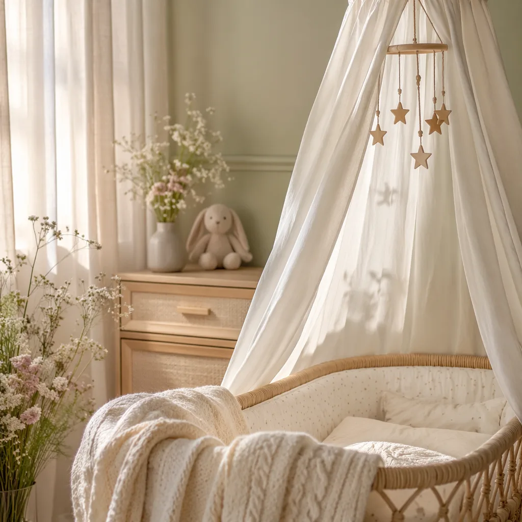 Serene pastel nursery with a bassinet, knit blanket, wildflowers, and a wooden star mobile.