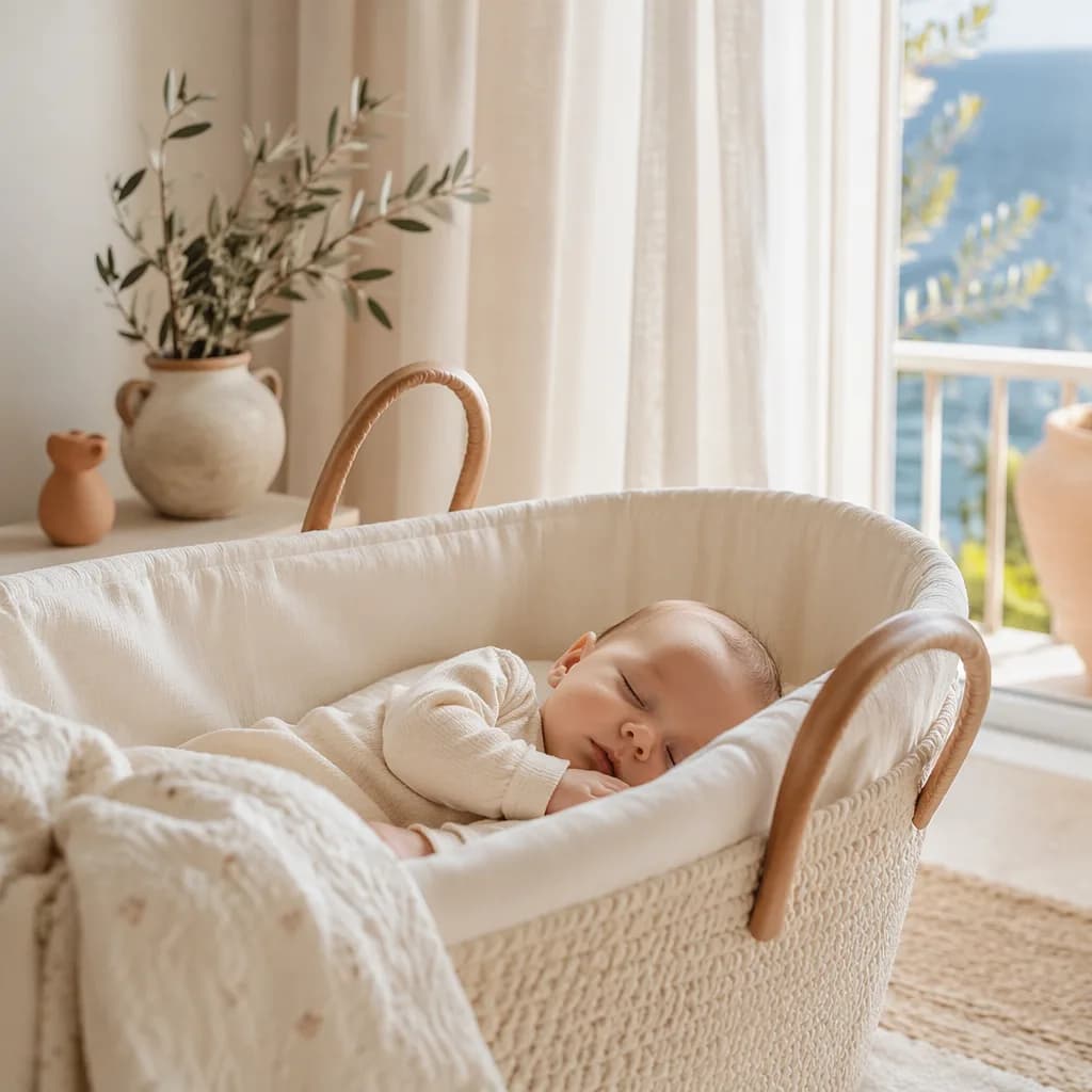 Peaceful pastel nursery with a sleeping baby in a bassinet and soft Italian-inspired accents.