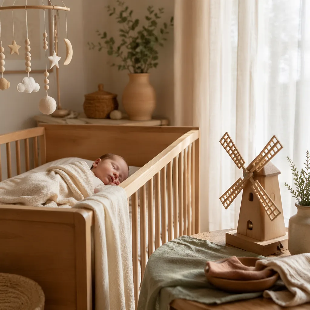 Soft pastel Spanish nursery with a sleeping swaddled baby and a small wooden toy windmill.