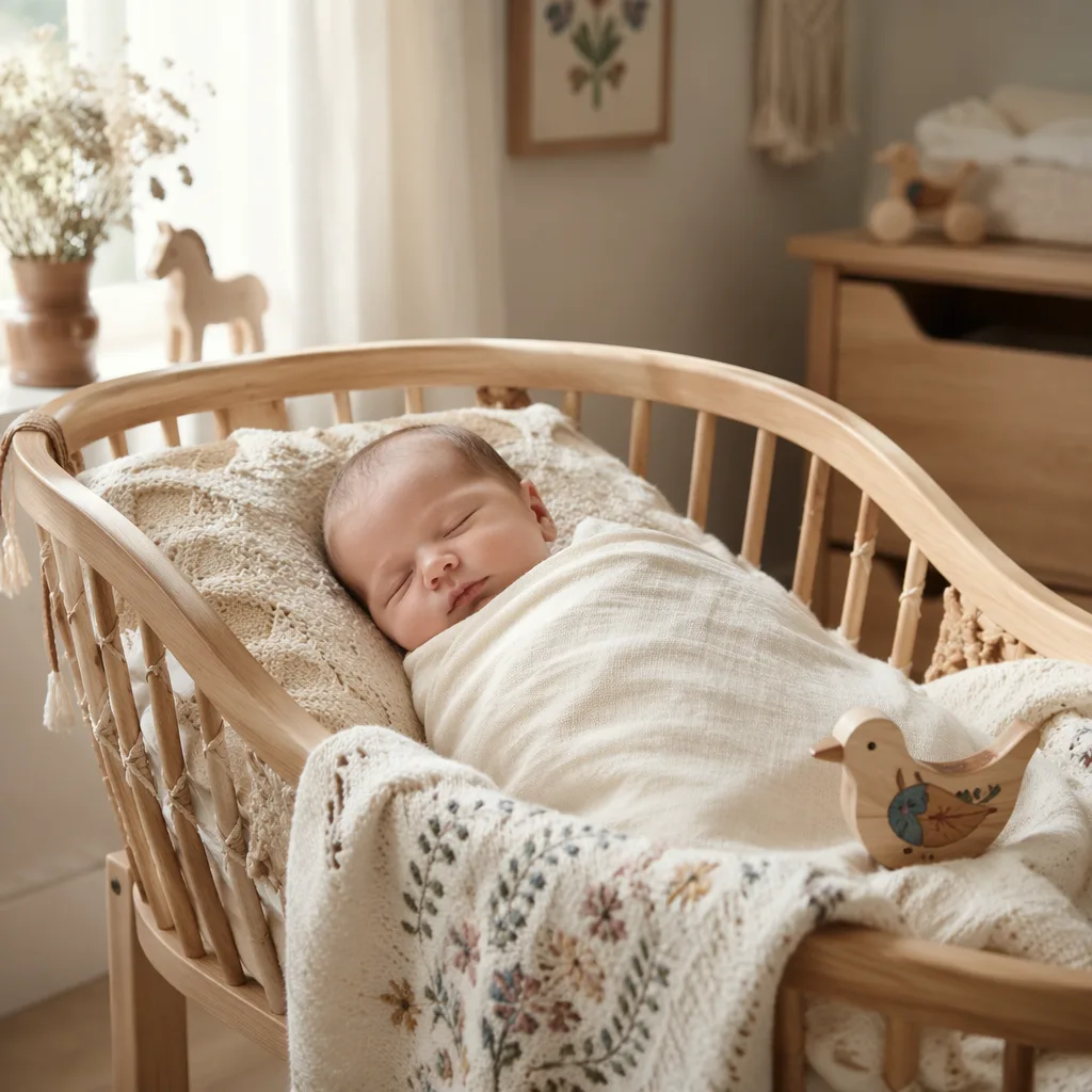 Sleeping newborn in a cozy pastel nursery with subtle Polish-inspired details