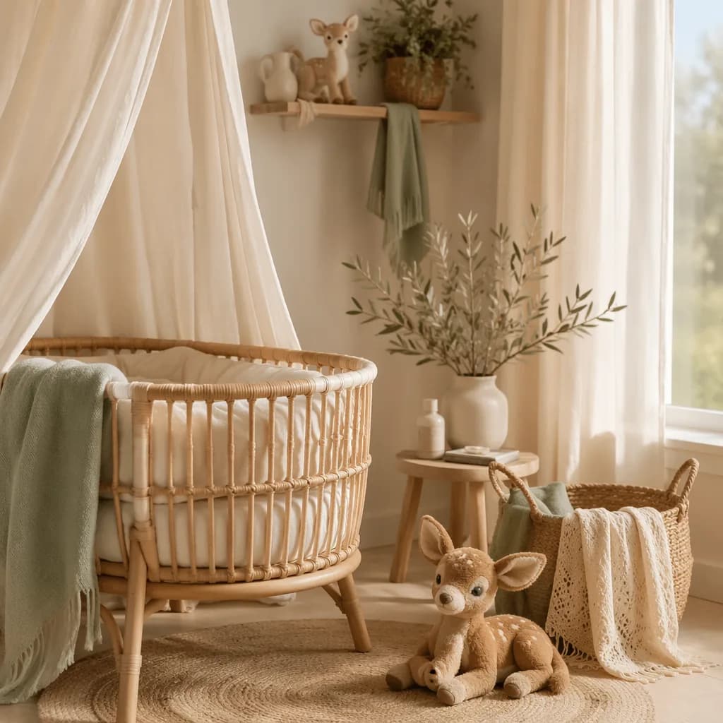 Soft modern nursery with a plush fawn and gentle natural light.