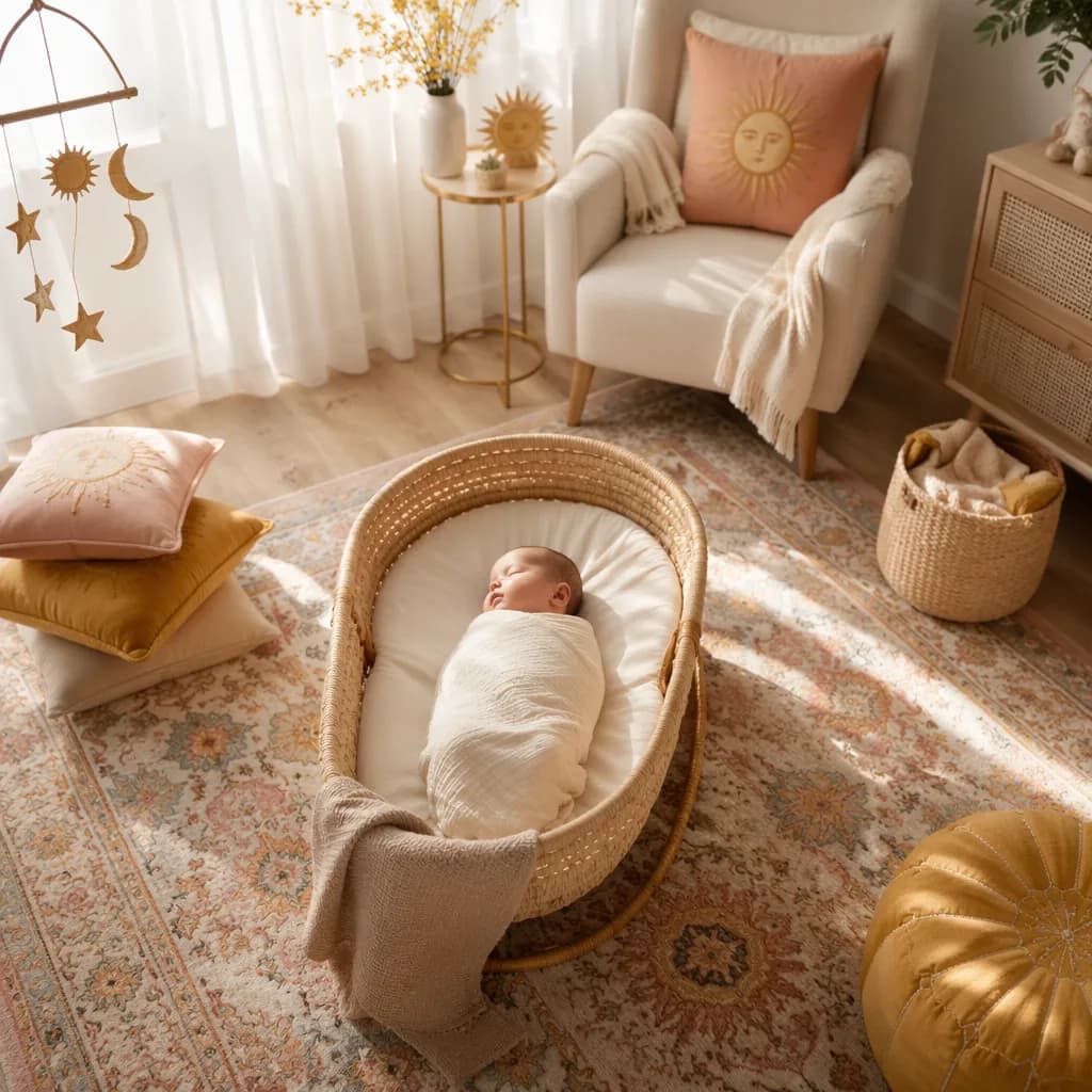 Peaceful Persian-inspired nursery with a swaddled sleeping newborn in warm pastel sunlight.