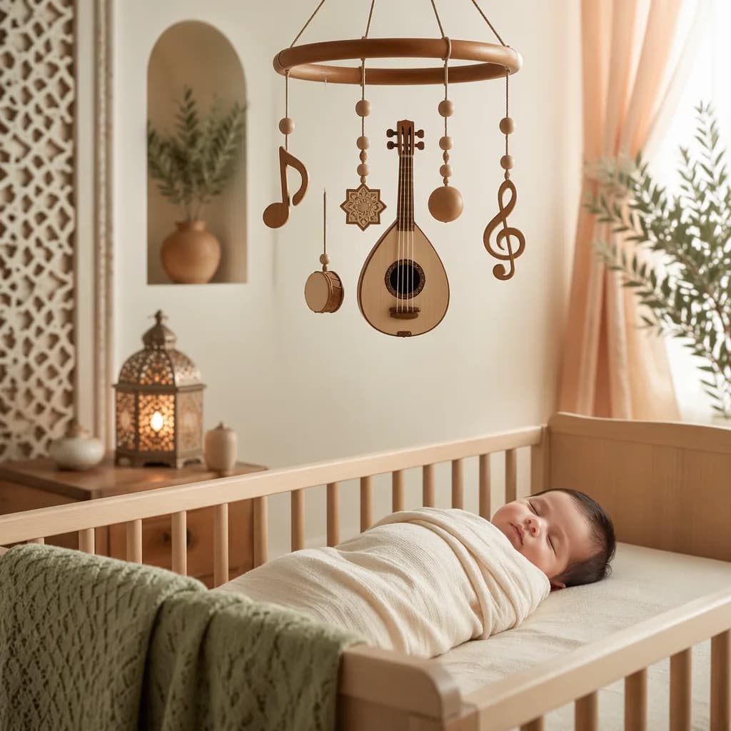 Sleeping baby in a soft Arabic-inspired nursery with a musical mobile.