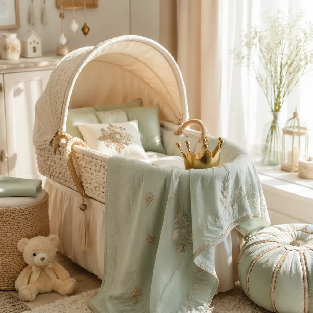 Soft pastel Urdu-inspired nursery with a bassinet, embroidered blanket, and tiny crown keepsake.