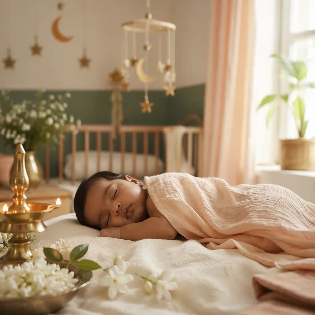 Sleeping Tamil baby in a soft pastel nursery with jasmine flowers and a star mobile.
