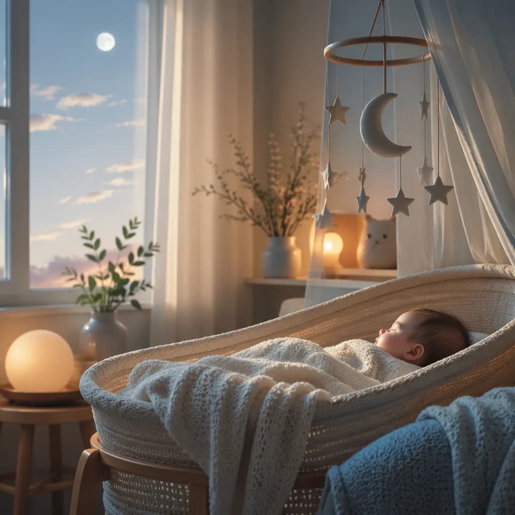 Soft moonlit nursery with a sleeping baby in a cozy bassinet.