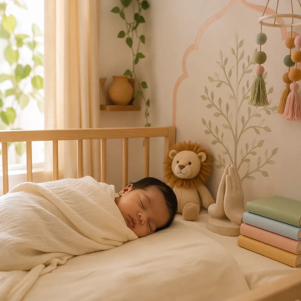 Sleeping baby in a warm pastel nursery with a plush lion and soft symbolic decor.