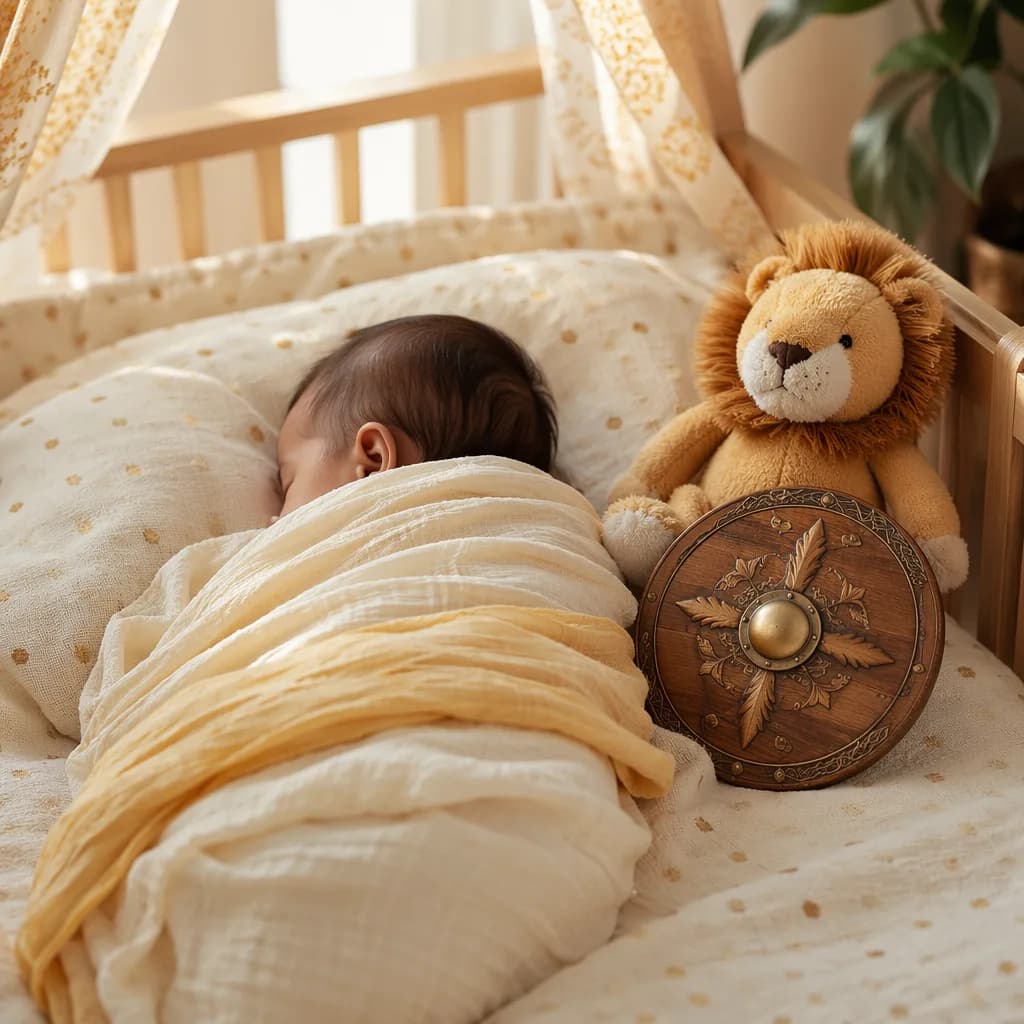 A softly lit nursery with a swaddled baby, plush lion, and gentle symbols of bravery.