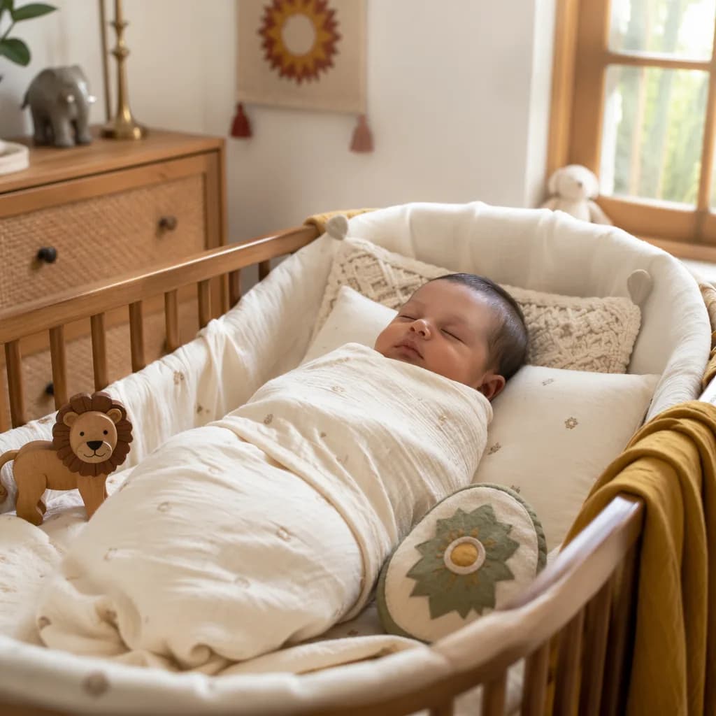 Peaceful baby in a warm Indian-inspired nursery with soft courage-themed details.