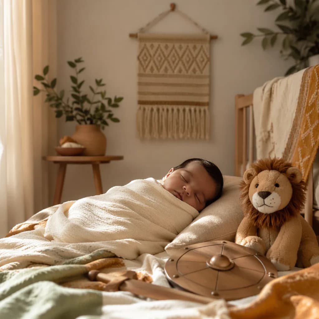 A softly lit nursery with a swaddled baby, plush lion, and wooden shield symbolizing courage.