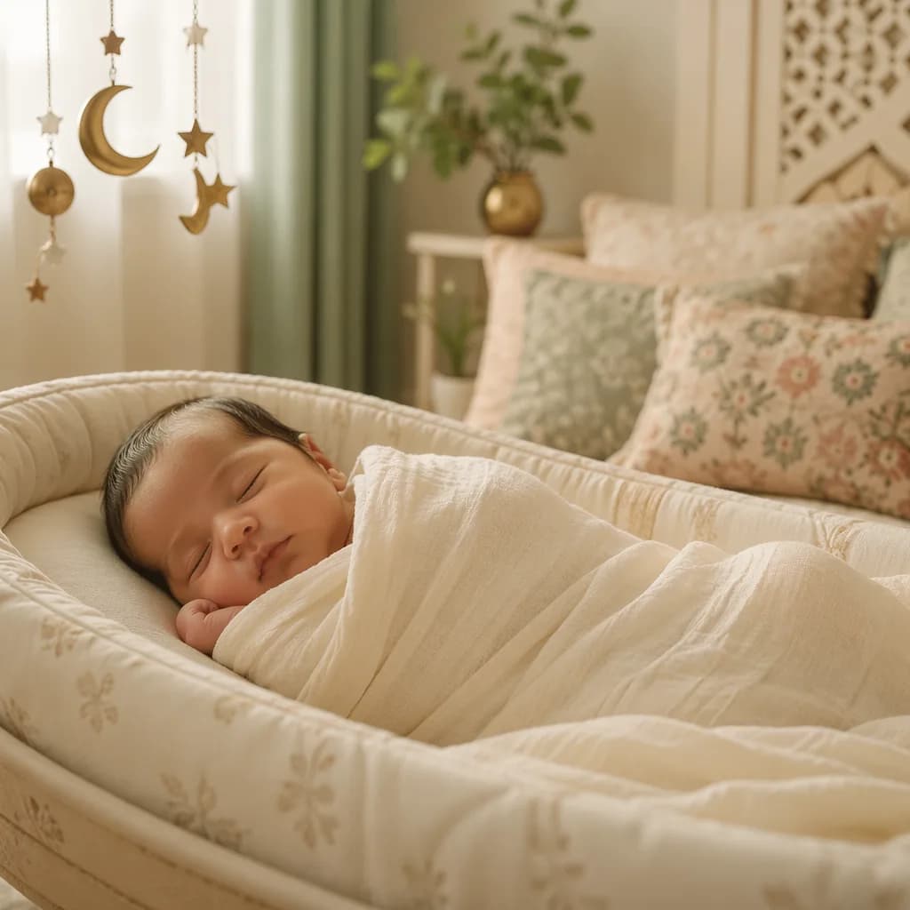 Sleeping newborn in a warm pastel nursery with soft South Asian-inspired details.