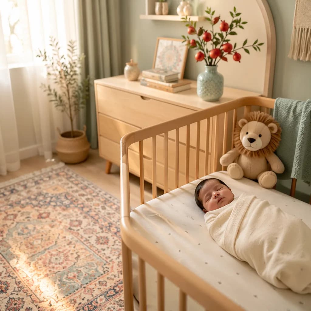 A peaceful Persian-inspired nursery with a swaddled newborn in soft natural light.