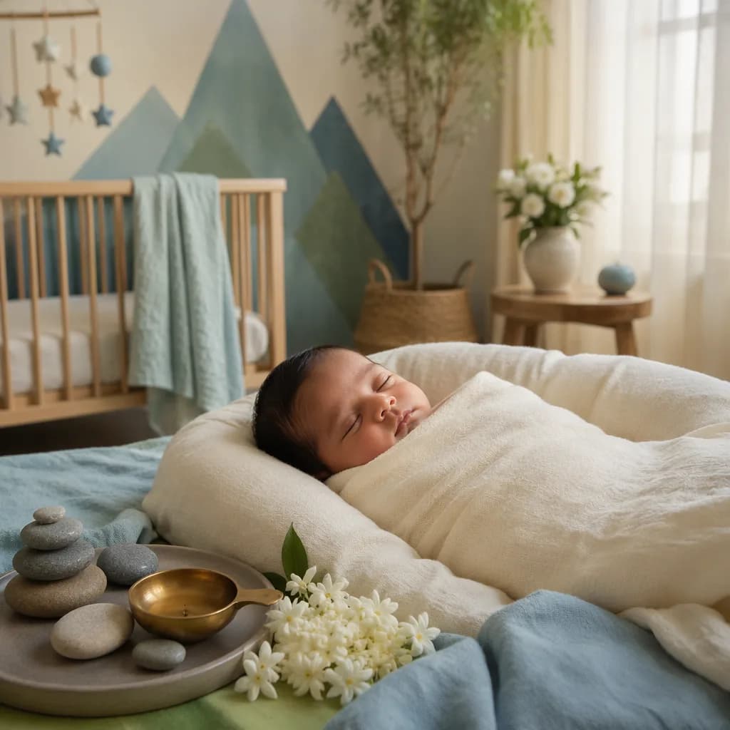 Peaceful swaddled baby in a soft pastel nursery with serene auspicious details.